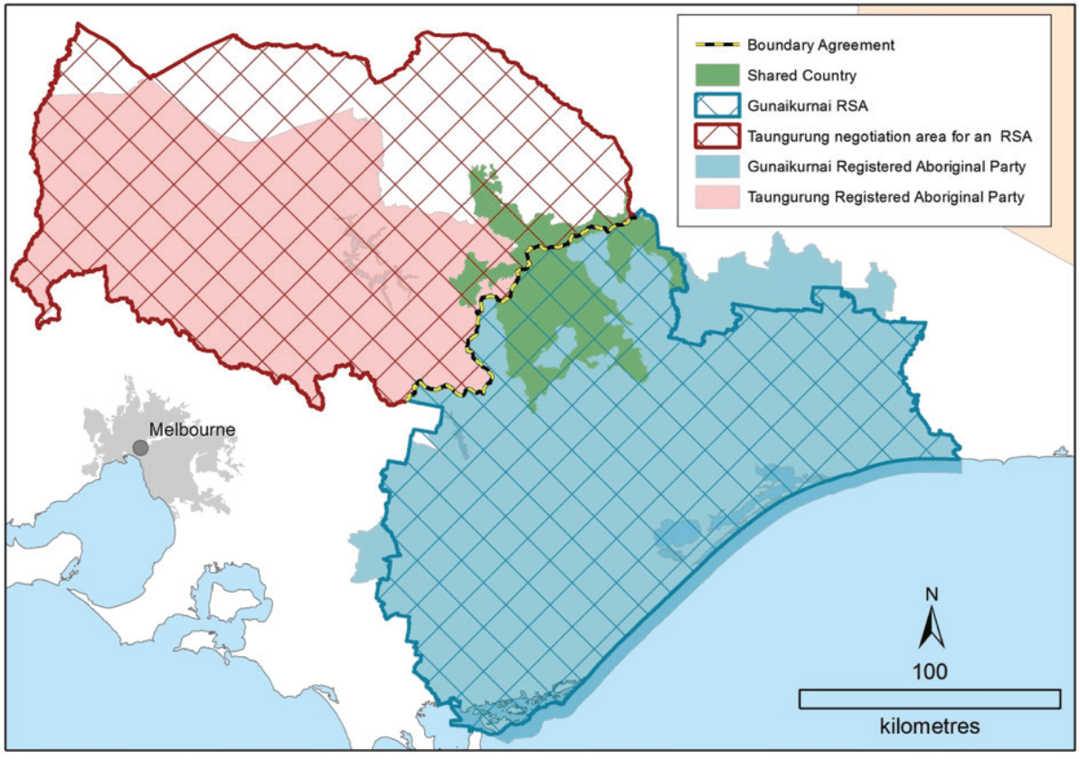 Map shows the shared country area that exists on the Gunaikurnai Registered Aboriginal Party boundary and the Taungurung Registered Aboriginal Party boundary