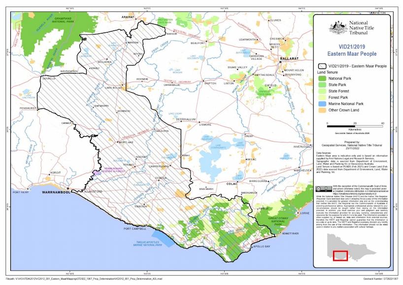 Map of Eastern Maar People land tenure. Shows a section of Victoria extending from The Victorian coast from Apollo Bay west to Warrnambool, north and west to Dunkeld and north to Ararat. Indicative only and based on information supplied by First Nations Legal and Research  Services. Topographic data is sourced from Department of Energy, Environment and Climate Action (DEECA) or Geoscience Australia. Land Tenure is based on PLM25 (Feb 21) and Crown Land (Feb 2022) data sourced from DEECA, Victoria 