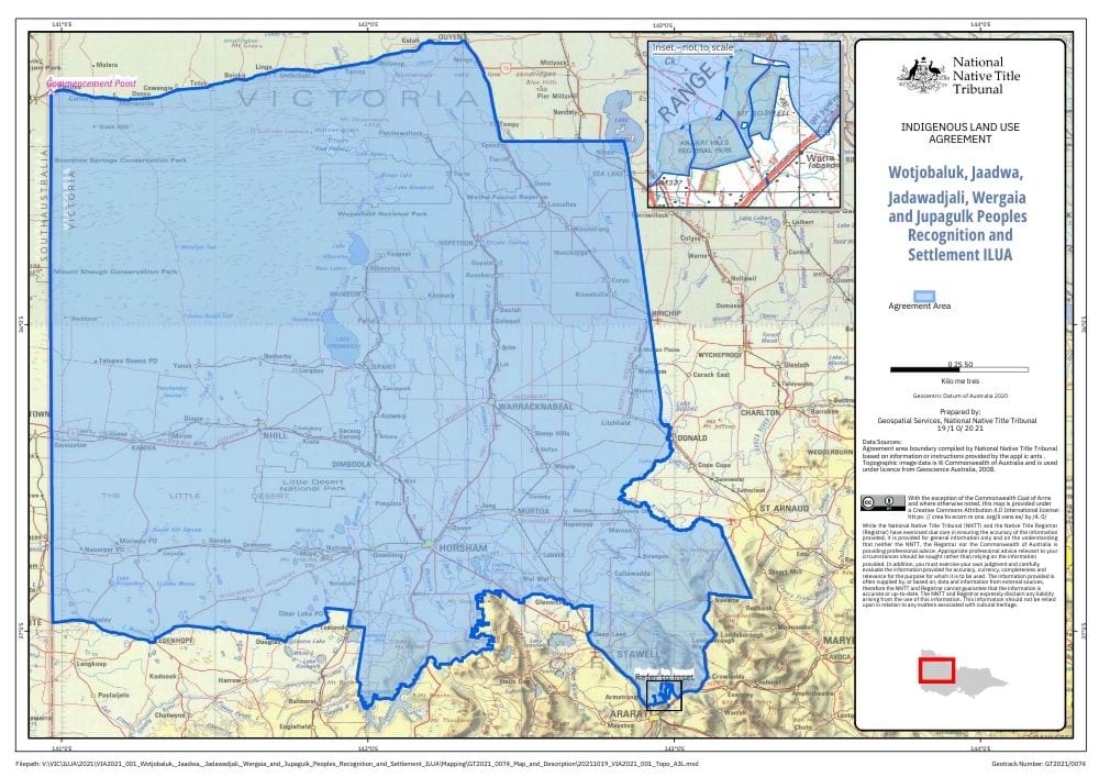 Topogrophical map of Victoria showing a blue overlay across  parts of the Wimmera and Southern Mallee, areas that the Federal Court has recognised as native title of the Wotjobaluk, Jaadwa, Jadawadjali, Wergaia and Jupagulk People of the Wotjobaluk Nations