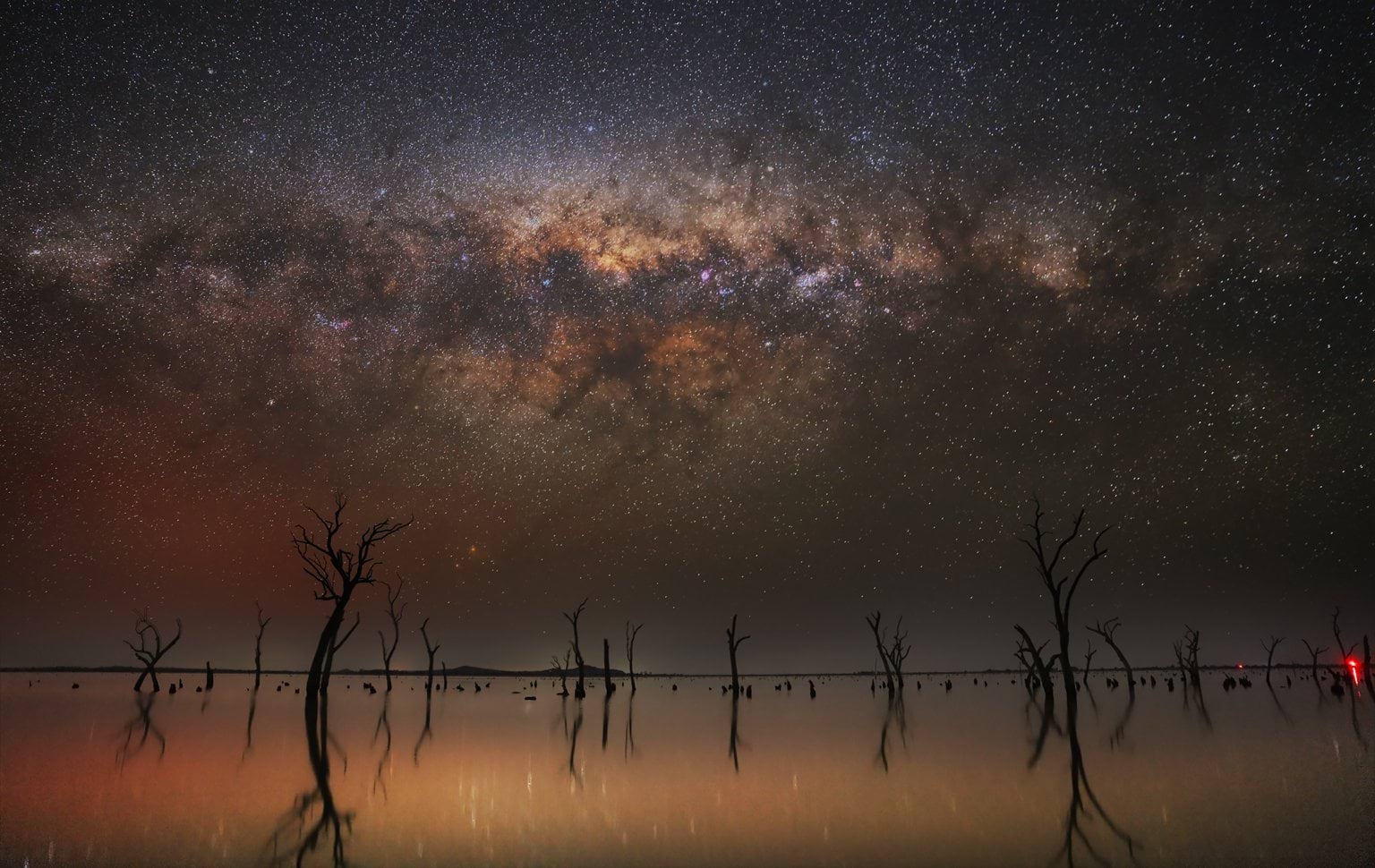 Galaxy sets over Kow (Ghow) Swamp The moonlit night sky, adorned by countless stars, sets over the Kow Swamp in north-central Victoria